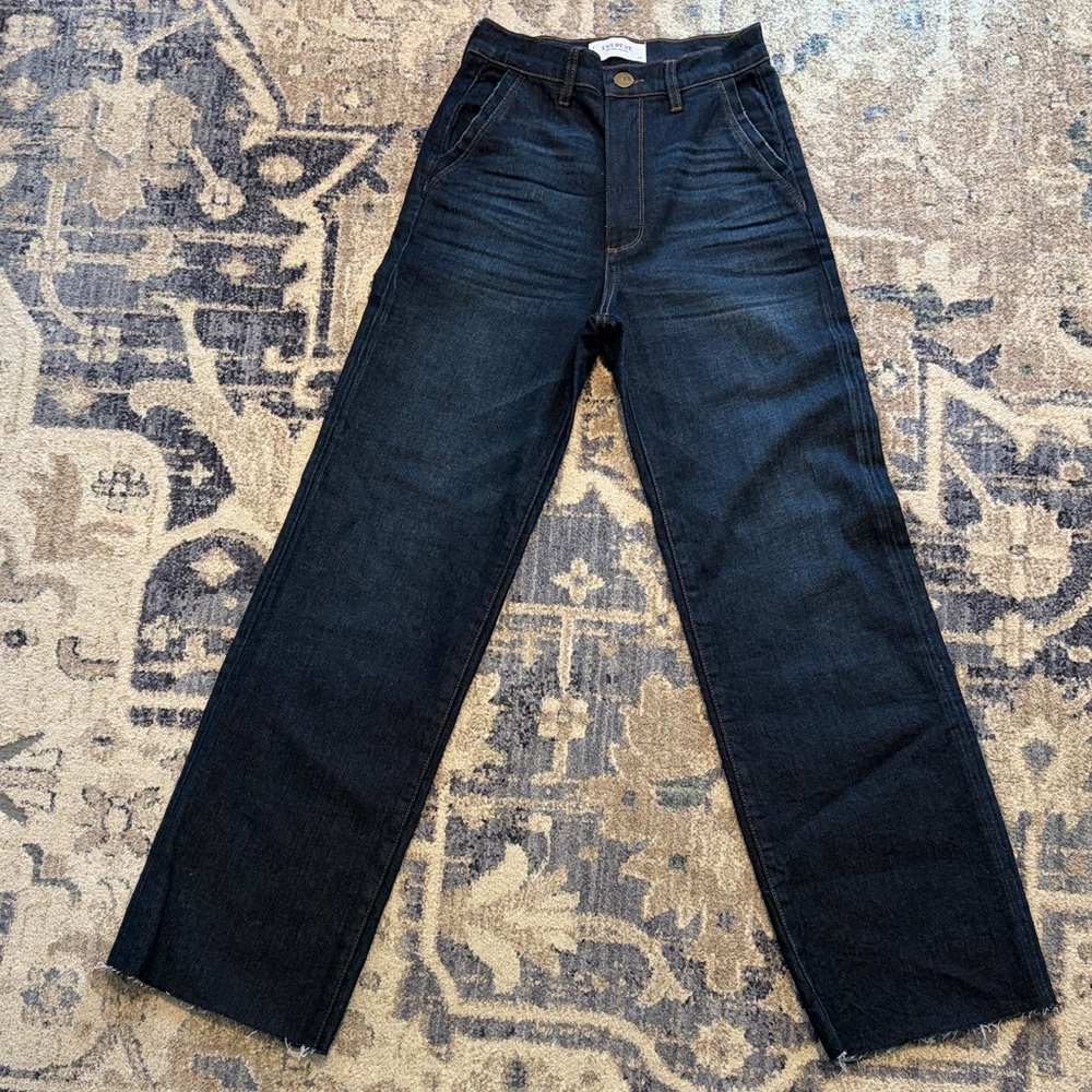 Evereve The Ever Trouser, High Rise, Wide Leg, Dark Blue Jeans